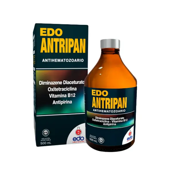 صورة الزجاجة الأصلية لدواء EDO Antripan لعلاج البابييزيا والأنابلزميا والتريبانوسوما في الأبقار والخيول والأغنام والكلاب.