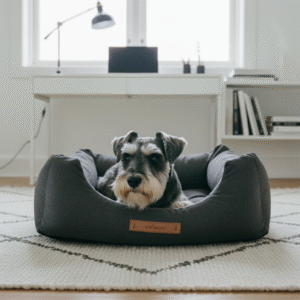 كلب أسود وأبيض يتمطى على سرير Oreydashi Mun Dog Bed رمادي في ضوء الشمس